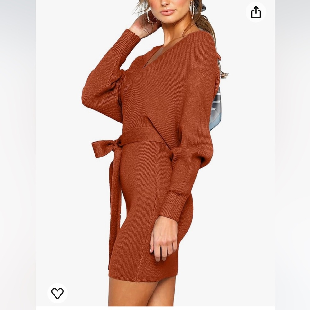 CHERFLY Dolman SLV Faux Wrap Backless Bodycon/Glam Belt Caramel Sweater Dress S - Picture 5 of 16